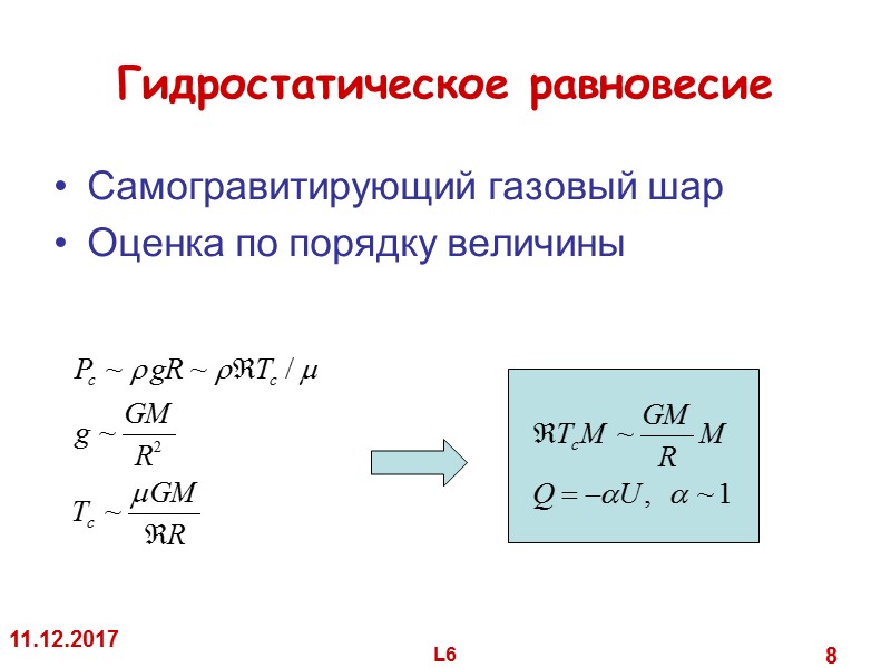 Гидростатическое равновесие Самогравитирующий газовый шар Оценка по порядку величины 11.12.2017 L6 8 Гидростатическое равновесие Самогравитирующий газовый шар Оценка по порядку величины 11.12.2017 L6 8